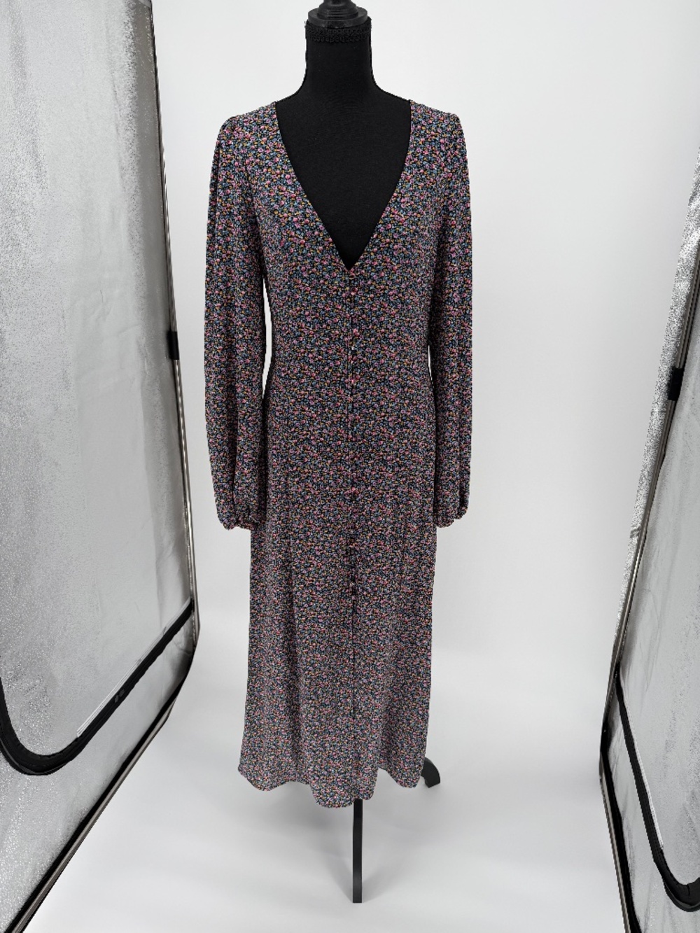AFRM Black Ditsy Floral V-Neck Button Front Long Sleeve Midi Dress M